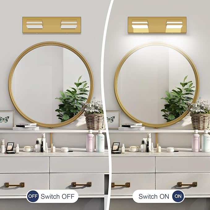 SineRise LED Modern Bathroom Vanity Light Fixtures (2-Light, 15.5-Inch, Dimmable), Brass Modern Acrylic Bathroom Wall Lighting Fixtures Over Mirror (Cool White 6000K)