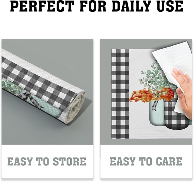 Spring Leaf Placemats 12×18 Inches Set of 4 Eucalyptus Leaf Black White Buffalo Check Seasonal Indoor Kitchen Dining Table Place Mats for Home Party Decoration