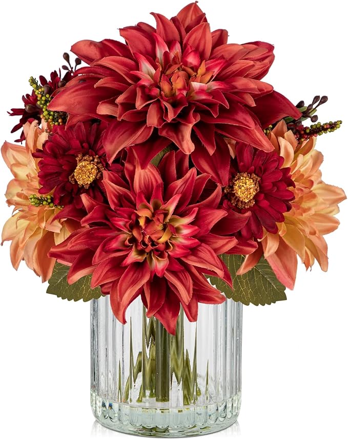 Briful Fake Fall Flowers with Vase, Artificial Fall Dahlia & Mum Silk Floral Arrangement with Glass Vase Faux Autumn Flowers Bouquet for Home Office Room Coffee Table Centerpiece Wedding Decoration