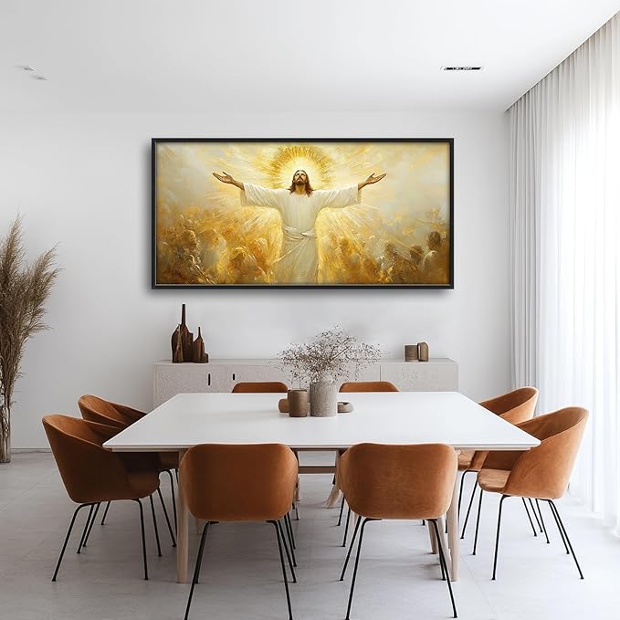 Jesus Framed Wall Art for Living Room, Large Christ Canvas Wall Decor, Jesus Golden Light Pictures Painting, Modern Artwork for Bathroom Bedroom Office 60L'' × 30W''