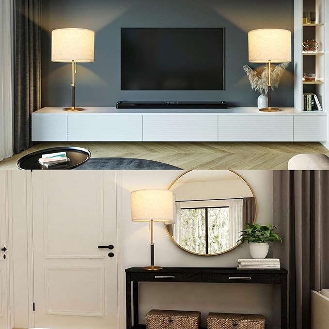 26.4" Set of 2 Modern Living Room Table Lamp for End Tables Bedside Lamps for Bedroom 3-Color Temperatures Pull Chain Switch Lamp Wood Fabric for Home/Office/Desk Decor (Light Brown+Brass)
