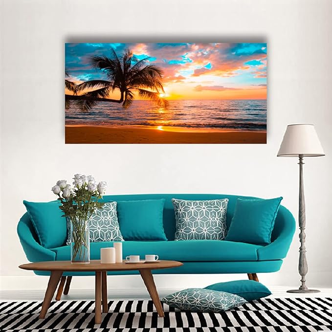 Beach Sunset Pictures Canvas Wall Art For Living Room Bedroom Wall Decor,Sunset Wall Art Print Paitnings For Home Decor,Morden Artwork Palm Cloud Canvas Art Waterproof Ready To Hang-24x48 Inches