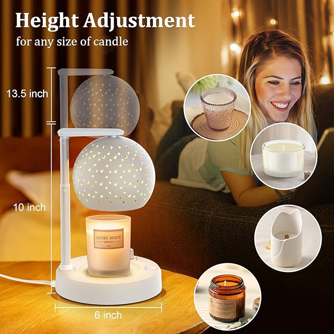 Candle Warmer Lamp with Timer and Dimmer, Gifts for Mom Women, Housewarming New Home Room Decor, Electric Wax Melt with 2 Bulbs, White