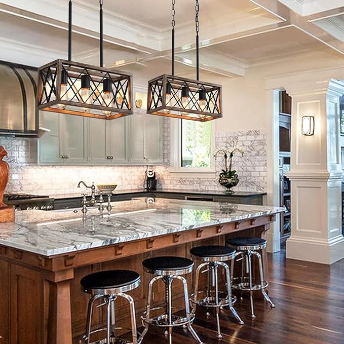 Farmhouse Light Fixtures,3-Light Dining Room Light Fixture,Industrial Metal Kitchen Pendant Lighting Over Island, Chandelier for Dining Table Kitchen Sink, Wood Grain Finish.