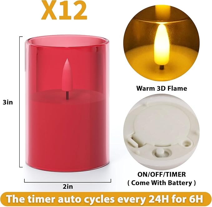 12Pack Flickering Flameless LED Candles with Timer, Battery Powered - Small Pillar & Votive, Red (2"X3")