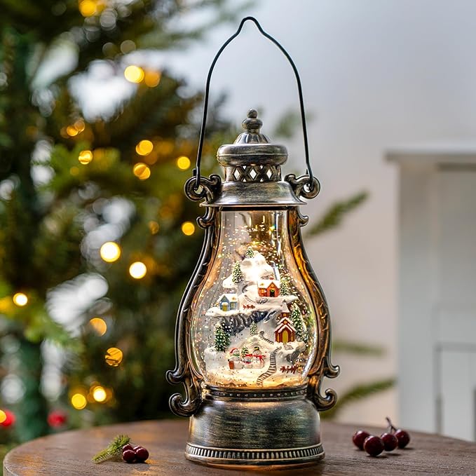 14.2" Christmas Village Buildings Tall Snow Globe Lantern Water Glittering Snowman Family with Music & Timer, USB Lined/Battery Operated Lighted Lantern for Christmas Festival Decoration Gifts