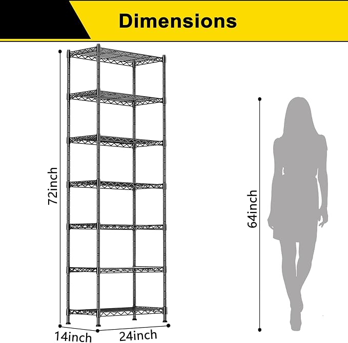 GIOTORENT 7-Wire Garage Shelving Storage Shelves, Kitchen Storage Adjustable Shelf, Metal Shelves 1400Lbs Capacity 24" W x 14" D x 71.6" H for Laundry Bathroom Pantry Closet, Black