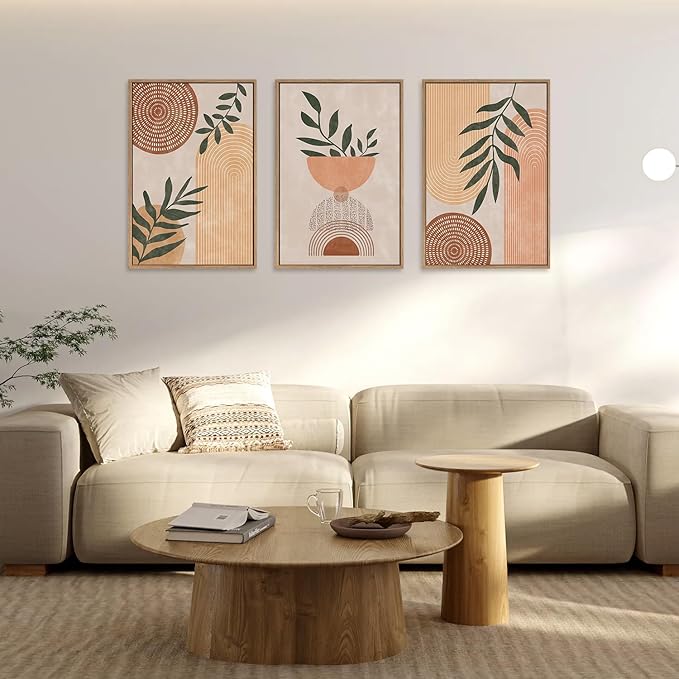 CHDITB Framed Boho Wall Art Set of 3, 16"x24" Mid Century Modern Wall Decor, Bohemian Sun Geometric Painting, Large Abstract Canvas Art Print for Living Room, Bedroom, Dining Room, Office, Bathroom
