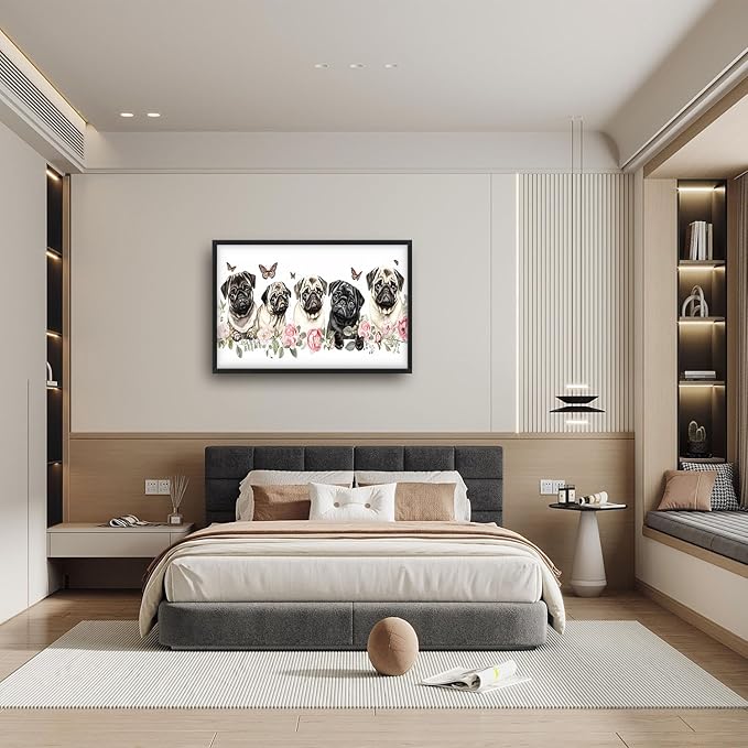 Flintis Large Pug Wall Art Dog Butterfly Pictures Wall Decor Abstract Animal Canvas Painting Print Artwork Decoration Framed for Living Room Bathroom Master Bedroom Office Dining Room 36L x 24W