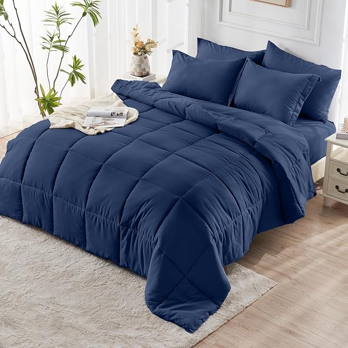 JOLLYVOGUE Queen Comforter Set, Ultra-Soft Bed in a Bag Queen Size 7 Pieces, Oeko-TEX Certified Bedding Set with Down Alternative Comforter, Sheets, Pillowcases & Shams, Navy