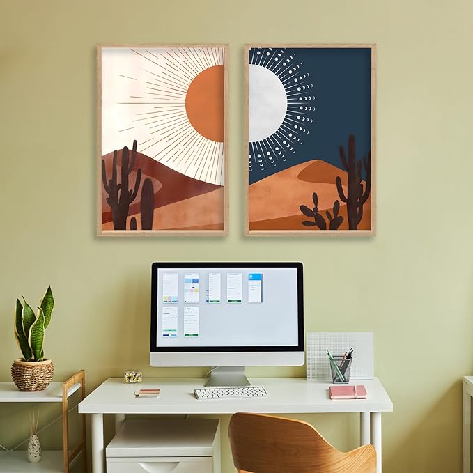 Sun and Moon Cactus Desert Landscape Wall Art Decor 16"x11" Modren Farmhouse Living Room Set of 2 Botanical Prints Wooden Framed Bedroom Boho Multicolor Minimal Wall Hanging Sign (Wood)