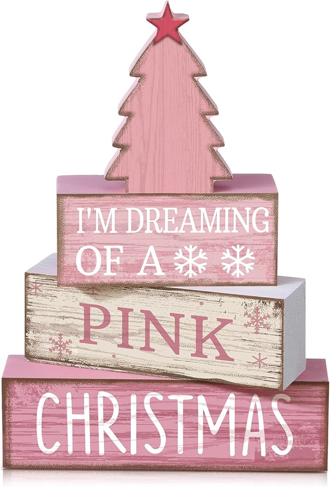 4 Pcs Christmas Table Decoration Wooden Pink Christmas Tree Centerpieces Decor Winter Tiered Tray Decor Rustic Decorative Tree Block Signs Gift Farmhouse Xmas Decoration for Home Kitchen