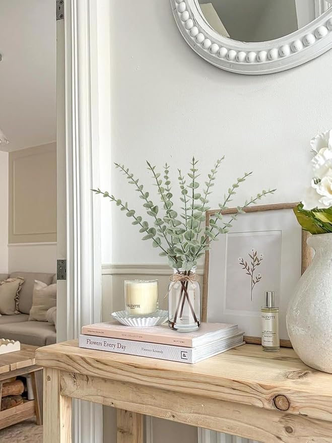 Artificial Eucalyptus Stems in Glass Vase with Faux Water，15.75" Fake Plants for Home Decor, Coffee Table Centerpieces, Office, Bathroom & Farmhouse Weddings - Faux Greenery Plants Decorations