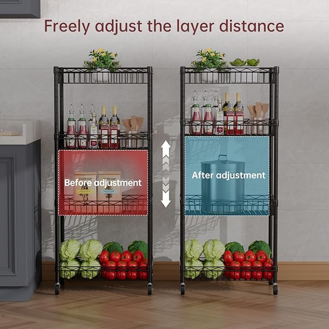 4 Tier Shelf Wire Shelving Unit Adjustable Storage Shelves Big Basket Rack Standing Units for Kitchen Closet Laundry Bathroom Organizers Metal Pantry Mesh 10" D x 16" W x 55" H Black