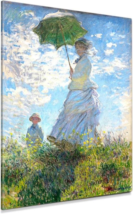DECORARTS - The Walk, Woman with a Parasol (1875) by Claude Monet, Museum-Quality Giclee Canvas Print, Wall Art Reproduction, 30" W x 40" H, Made in USA