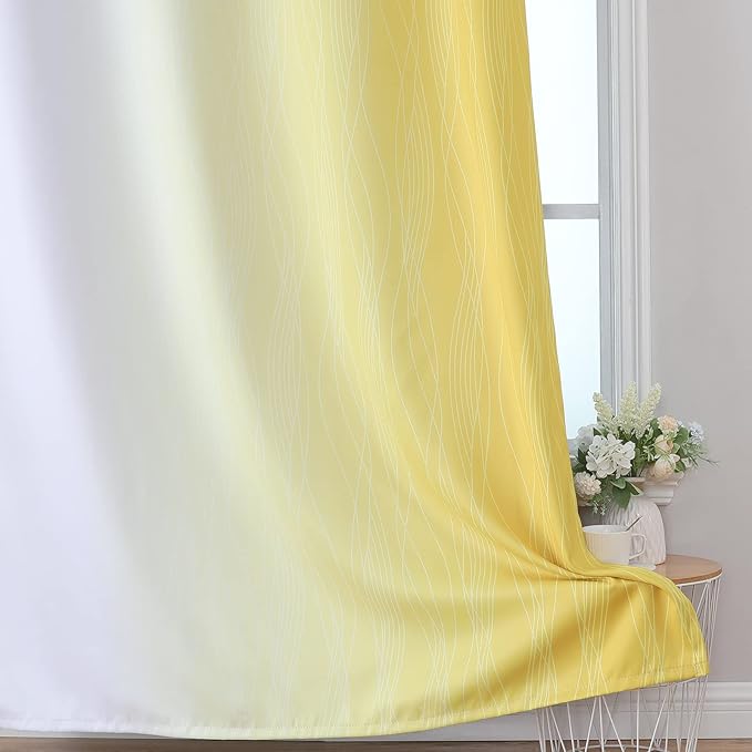 Estelar Textiler Yellow and Greyish White Ombre Blackout Curtains for Bedroom, Gradient Thermal Insulated Blackout Drapes, Full Room Darkening Grommet Curtains for Kids Room, 52Wx63L, 2 Panels