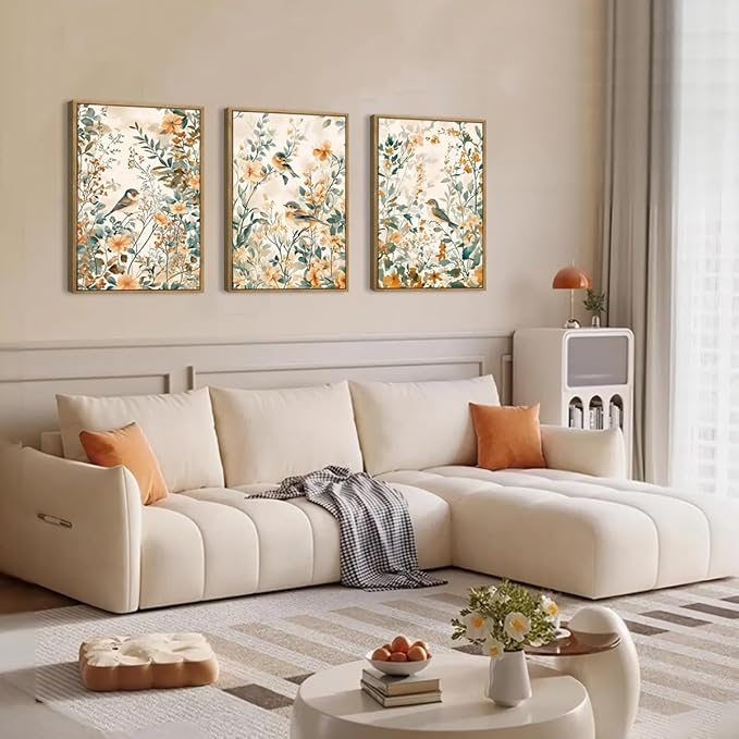 ANHUIB Large Neutral Floral Wall Art 16x24 Inch Beige Botanical Wall Decor Bird Painting Set of 3 for Living Room Bedroom Barhroom