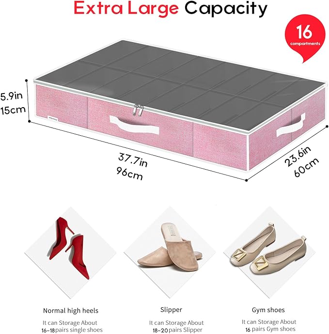 Onlyeasy Large Under Bed Shoe Organizer Container Box, Set of 2, Fit 16 to 32 Pairs of shoes, Underbed Shoes Closet Storage Solution, L37.7x W23.6x H5.9 inch, Cotton-like Pink, MXPUBS16P2