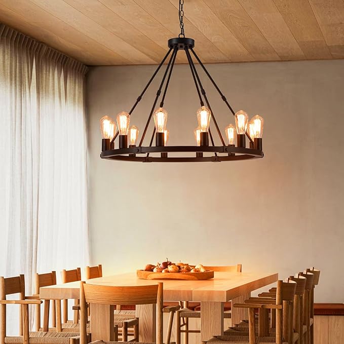 9MMML 12 Lights Black Wagon Wheel Chandelier, Industrial Farmhouse Globe Kitchen Island Pendant Light, Globe Dining Room Lights Fixtures for Foyer Entryway Living Room. E26, Height Adjustable,31.5".