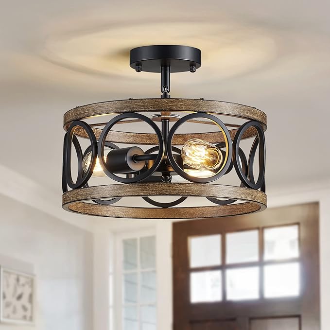 XINGQI Semi Flush Mount Ceiling Light Fixture Modern 3-Light Farmhouse Ceiling Lights for Bedroom Living Room Dining Room Entry Hallway Foyer 13" Black and Wood Grain Finish