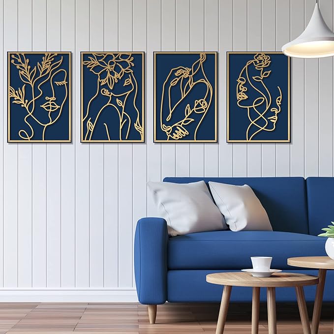 Glamativity 4 Pack Gold Wall Art Decor, Female Flower Face Lover Minimalist Décor Single Line Art Wall Décor, Real Metal Wall Art, Woman's Body Shape Abstract Wall Art, for Kitchen Bedroom Living Room (Gold Floral Lady Style, M Size 17 x 11.8'')