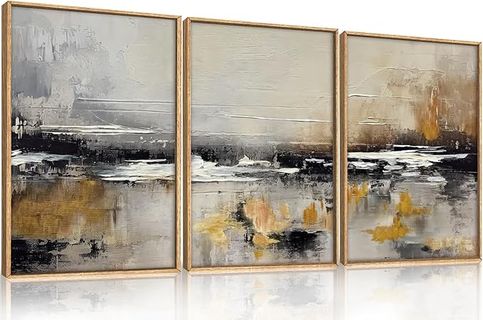HOURIA Abstract Neutral Brown Tan Canvas Framed Wall Art Set,Textured Grunge Beige Wall Decor,Minimalist Black White Brush Stroke Artwork,Pastel Minimal Zen Print for Living Room,Bedroom-16 x24 x3