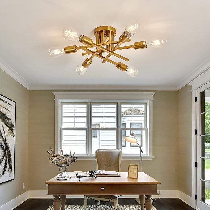 ASGYISA 6-Lights Semi Flush Mount Ceiling Light Fixture Gold Modern Matte Sputnik Chandelier Vintage Ceiling Lamp Farmhouse for Kitchen Bedroom Dining Room Living Room with E26 Bulb Base