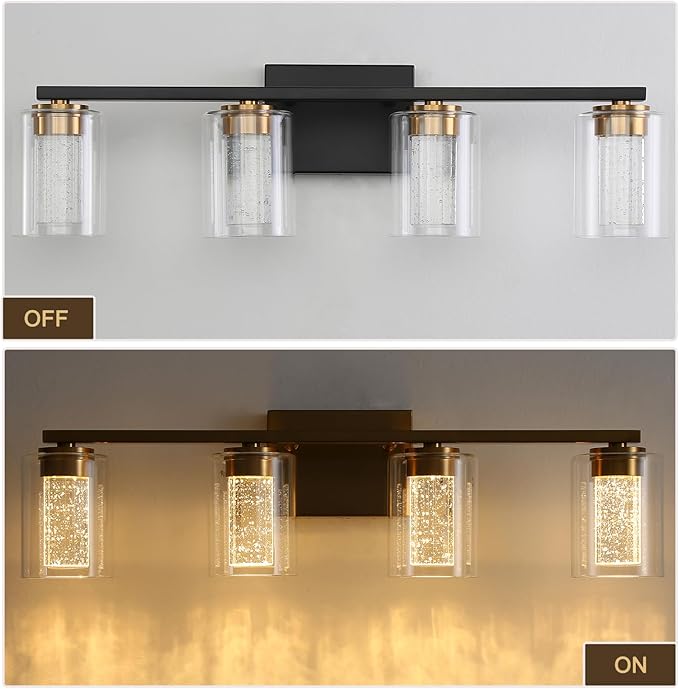 4-Light Black Bathroom Light Fixture, Dimmable 5CCT Black and Gold Bathroom Vanity Lights, 2700K-6500K Modern Crystal Bubble LED Wall Sconce Over Mirror with Clear Glass