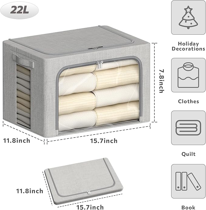 4 Pack Clothes Storage Bins with Metal Frame - 22L Stackable Storage Box with Lid，Foldable Storage Container Organizer for Clothes，Linen Fabric Storage Box with Clear Window＆Zippers＆Handles