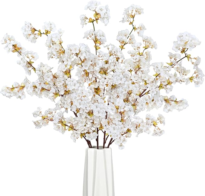 Sunm Boutique Silk Cherry Blossom Branches, Artificial Cherry Blossom Tree Stems Faux Cherry Flowers Vase Arrangements for Wedding Home Decor, Set of 5