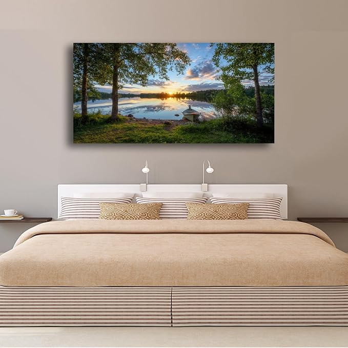 Tree Canvas Wall Art of a Sunrise Over a Forest Lake 28x57 inches Nature Inspired Painting Perfect for Wall Decoration in Living Room and Bedroom Trees and Landscape Picture Artwork Prints