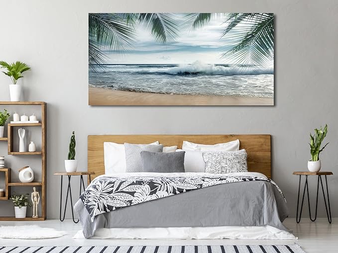 arteWOODS Tropical Beach Canvas Wall Art - Ocean Waves Pictures Coastal Oceanic Blue Sky Sea Print Seaside Palm Tree Leaves Scene Painting Artwork Living Room Bedroom Office Home Decor 29" x 58"