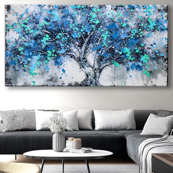 Tree Wall Art Teal Blue Nature Tree of Life Abstract Canvas Painting Textured Picture, Modern Landscape Artwork Framed for Living Room Bedroom Bathroom Office Home Decor 40x20in