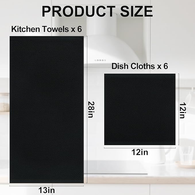 Homaxy 100% Cotton Kitchen Towels and Dishcloths Set, 12 x 12 Inches and 13 x 28 Inches, Set of 12 Bulk Kitchen Towels Set, Ultra Soft Absorbent Dish Cloths for Washing Dishes, Black