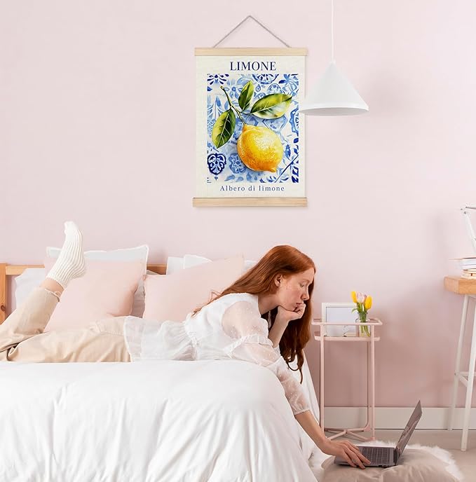 Yomisex Italian Amalfi Coast Lemon Wall Art Poster, Lemon Kitchen Decor, Blue and White Mediterranean Tiles Limone Fruit Wall Art Framed for Kitchen Dining Room Home Decor, 12x16 Inch