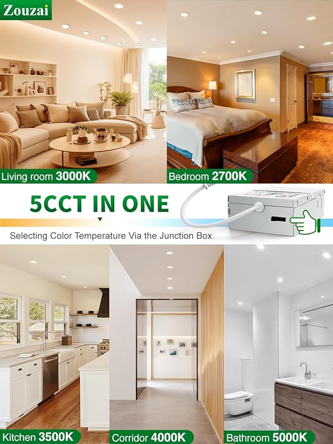 zouzai 24 Pack 6 Inch Ultra-Thin LED Recessed Ceiling Light with Junction Box 5CCT Adjustable Dimmable Can-Killer Downlight - ETL and Energy Star Certified (24 Pack,5CCT, 6 Inch)