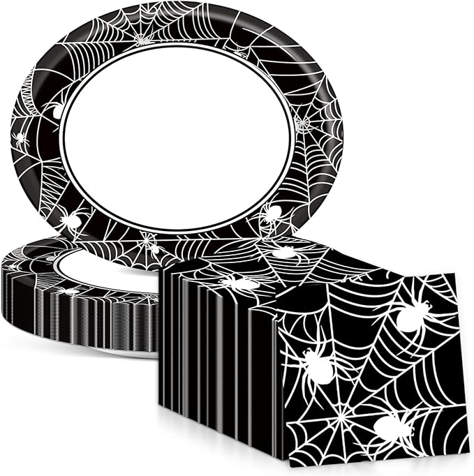 Halloween Party Oval Paper Plates 11inch Large Spider Web Paper Plate and Napkin, Dish Tray Halloween Party Decoration Supplies for Birthday Get Together Celebration Tableware, 25 Guest