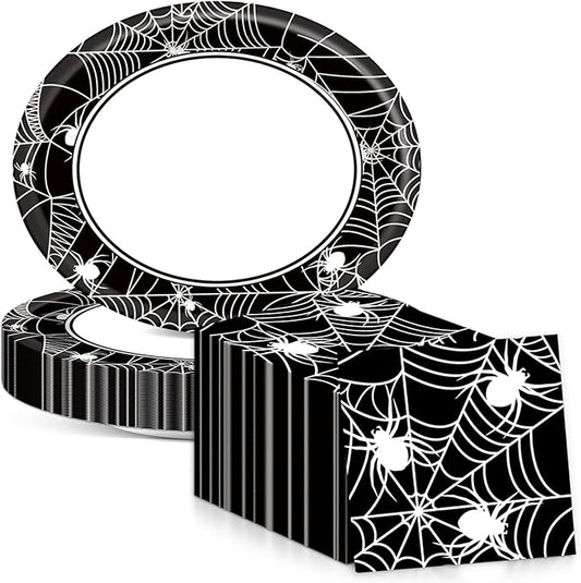 Halloween Party Oval Paper Plates 11inch Large Spider Web Paper Plate and Napkin, Dish Tray Halloween Party Decoration Supplies for Birthday Get Together Celebration Tableware, 25 Guest