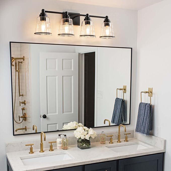 Black Bathroom Vanity Light Fixture, 4 Light Bathroom Light Fixtures Over Mirror with Clear Glass Shade and Metal Base Wall Sconce, 29.1 inch Modern Vanity Light for Bathroom(Exclude E26 Bulb)