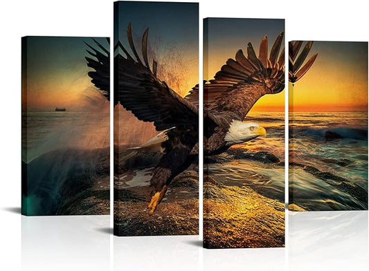 RnnJoile Bald Eagle Canvas Wall Art Flying Eagle Sunrise Pictures Prints Large Bird Above Sea Scenery Painting Artwork for Bedroom Living Room Decoration Framed