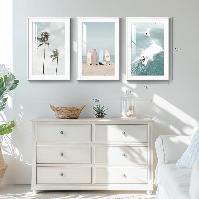 Framed Coastal Wall Art for Living Room, 3 Piece Beach Surfboard Palm Tree Artwork for Walls, Large Ocean Surfing Seascape Picture Prints, Beach Coastal Wall Decor for Bedroom Hallway Office, 16x24 In