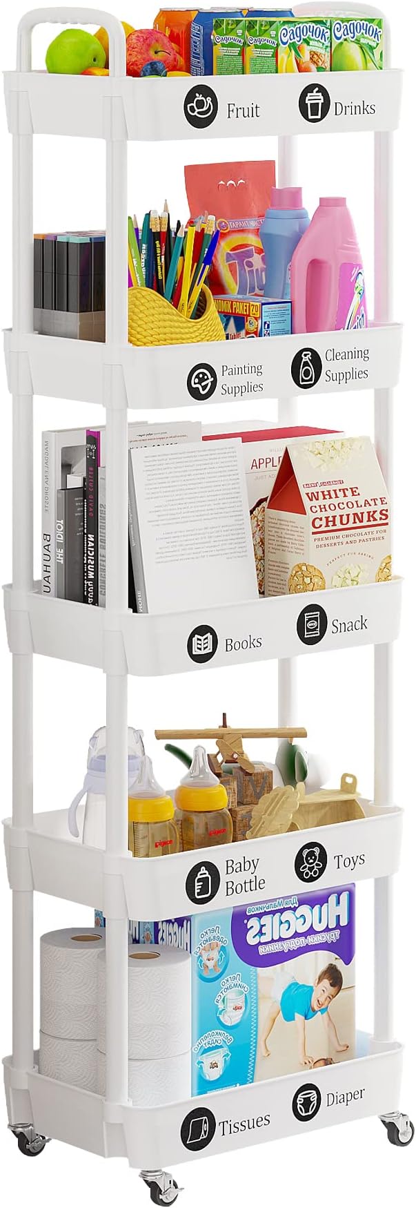Laiensia 5-Tier Rolling Cart with Wheels,Multifunction Utility Storage carts, Kitchen Storage Organizer,Mobile Shelving Unit for Bathroom,Laundry,with Classified Stickers,White