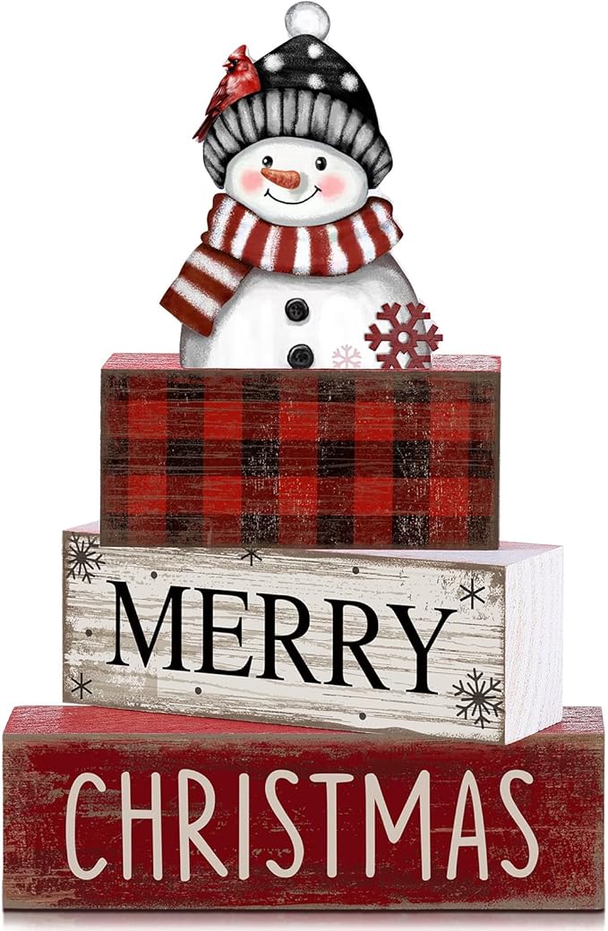 4 Pcs Christmas Table Decoration Wooden Snowman Christmas Tiered Tray Decor Red Buffalo Plaid Block Signs Snowman Table Centerpiece Farmhouse Winter Decoration for Home Kitchen Shelf