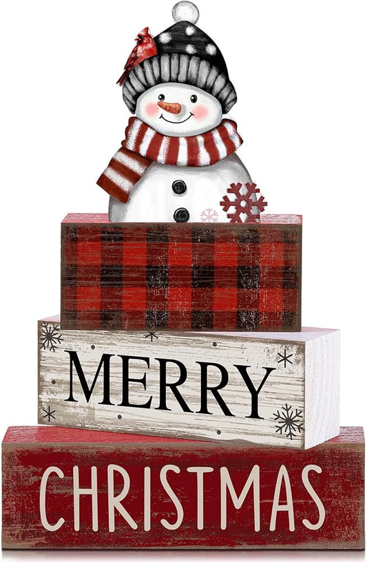4 Pcs Christmas Table Decoration Wooden Snowman Christmas Tiered Tray Decor Red Buffalo Plaid Block Signs Snowman Table Centerpiece Farmhouse Winter Decoration for Home Kitchen Shelf