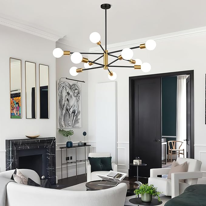 33" Modern Chandelier Ceiling Light Fixture, 10-Light Sputnik Chandeliers Gold and Black Dining Room Light Fixture, Height Adjustable Chandeliers for Dining Room Living Room Kitchen Island