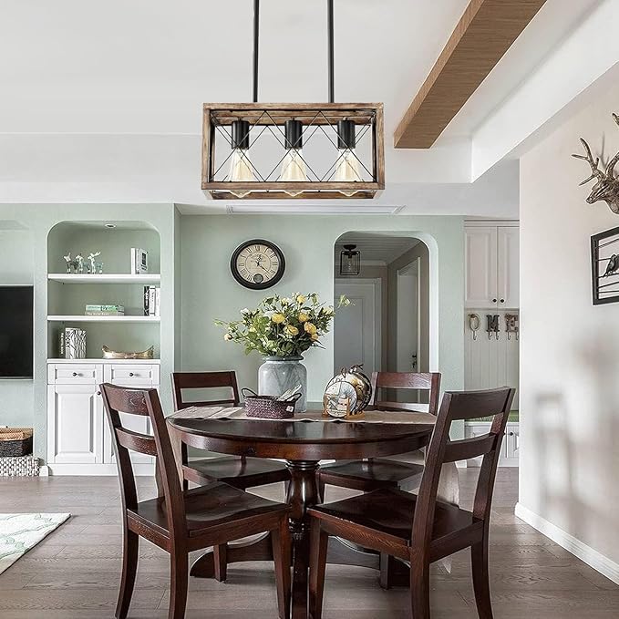 Farmhouse Light Fixtures,3-Light Dining Room Light Fixture,Industrial Metal Kitchen Pendant Lighting Over Island, Chandelier for Dining Table Kitchen Sink, Wood Grain Finish.