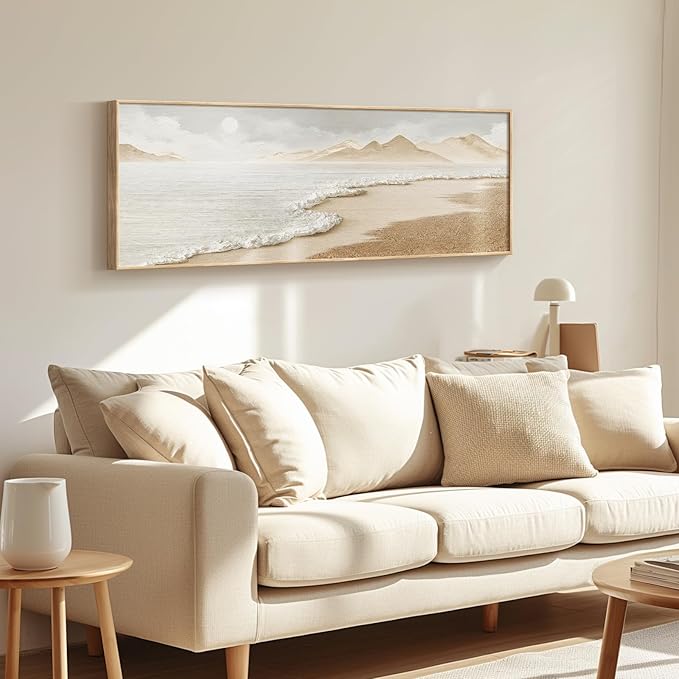Framed Boho Coastal Beach Wall Art for Living Room, Large Neutral Ocean Canvas Artworks for Walls, Long Horizontal Abstract Minimalist Coastal Art Print for Bedroom Kitchen Office Wall Decor, 16x48 In