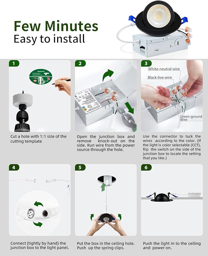 zouzai 5CCT LED Gimbal Led Recessed Light with Junction Box, 360°+90° Adjustable Directional Eyeball Lighting, Dimmable, 2700K/3000K/3500K/4000K/5000K,ETL&Energy Star (Black 12 Pack, 3 inch)