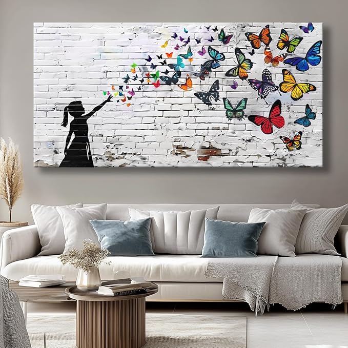 Canvas Wall Art Butterfly Girl - Modern Graffiti Paintings for Living Room, Bedroom Wall Decor, Framed Wall Art for Home or Office Decoration 60x120cm(24x48in)