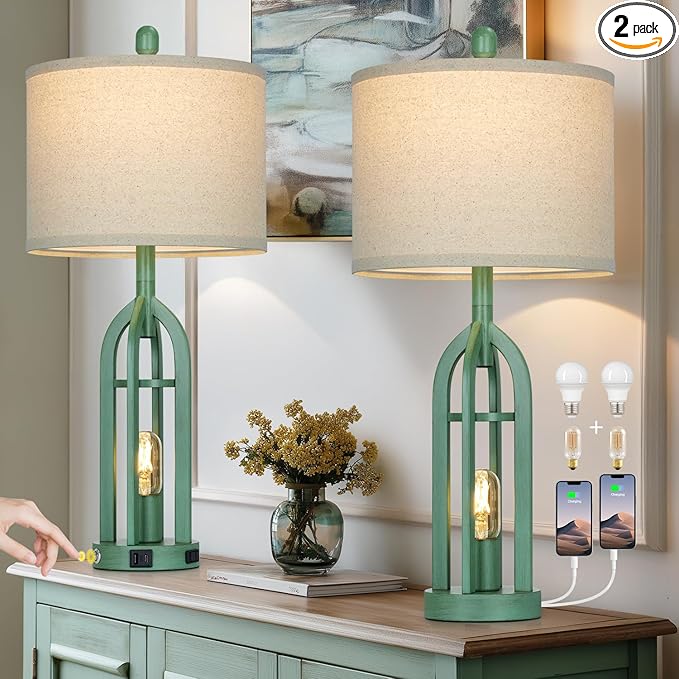 27" Tall Vintage Table Lamp Set of 2 with USB C+A & Outlet,Farmhouse Green Table Lamp for Living Room,Retro Bedside Lamps with Night Light for Bedroom Entryway,Green